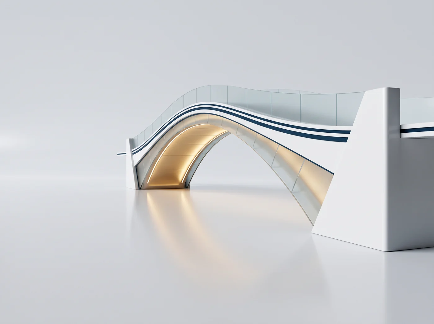 Abstract illustration of a glass arch bridge with a warm gold glow